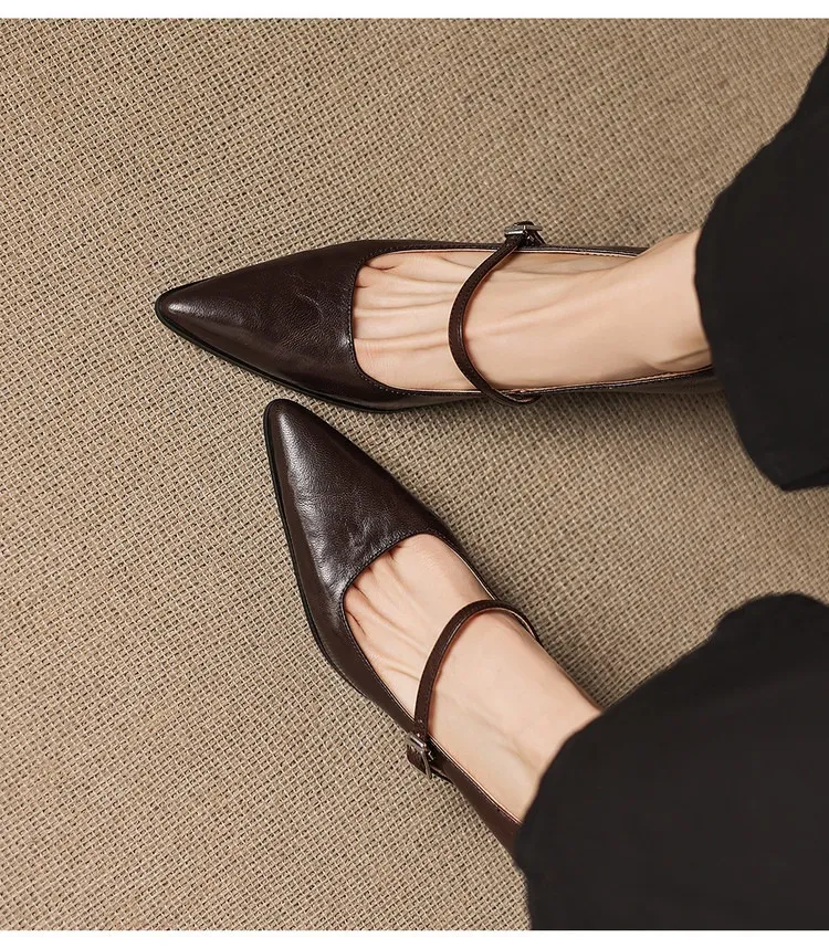 Spring/Autumn Retro Chunky Heel 5.5cm Lambskin Pointed Toe Mary Jane Shoes with Single Buckle Strap, Size 40
