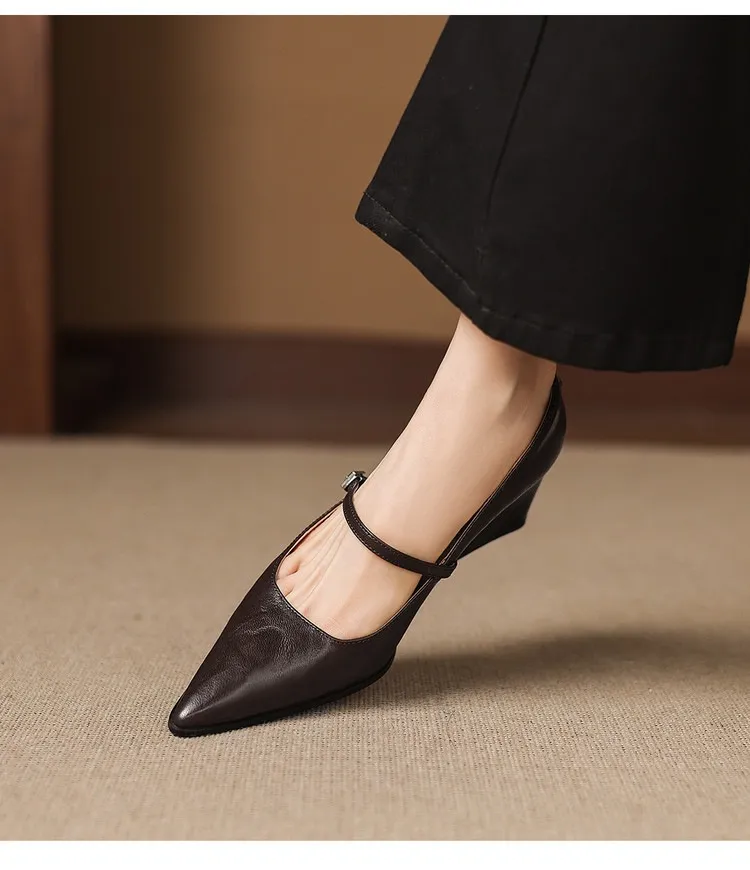 Spring/Autumn Retro Chunky Heel 5.5cm Lambskin Pointed Toe Mary Jane Shoes with Single Buckle Strap, Size 40