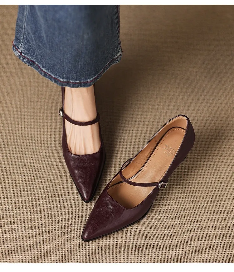 Spring/Autumn Retro Chunky Heel 5.5cm Lambskin Pointed Toe Mary Jane Shoes with Single Buckle Strap, Size 40