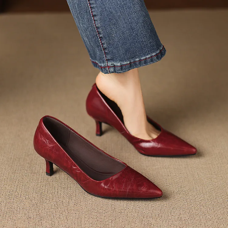 Early Spring Single Shoes Pointed Toe Low Mouth Stiletto Heel High Heel Cowhide Fashion Women's Shoes 3-9e