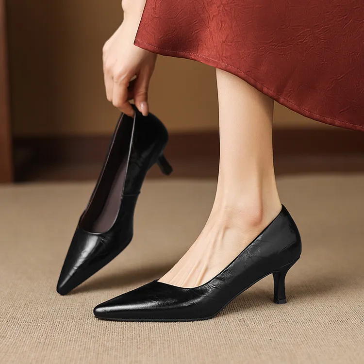 Early Spring Single Shoes Pointed Toe Low Mouth Stiletto Heel High Heel Cowhide Fashion Women's Shoes 3-9e