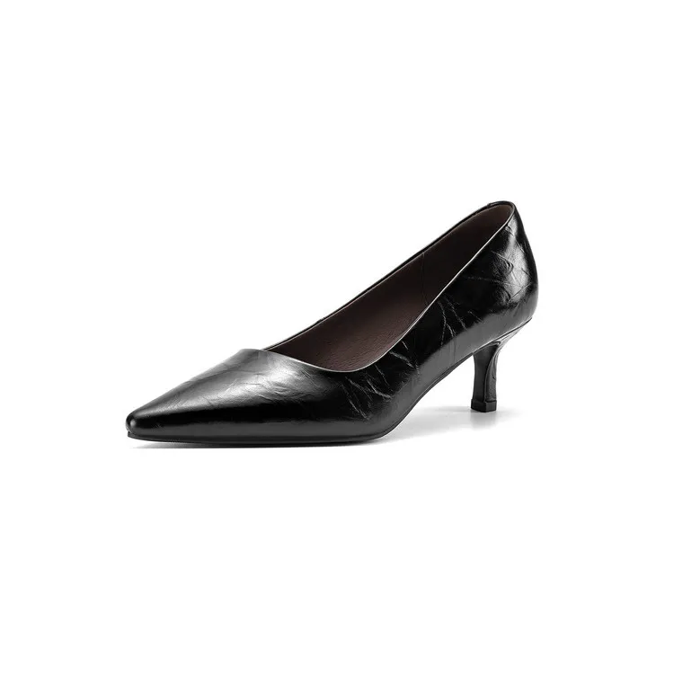 Early Spring Single Shoes Pointed Toe Low Mouth Stiletto Heel High Heel Cowhide Fashion Women's Shoes 3-9e