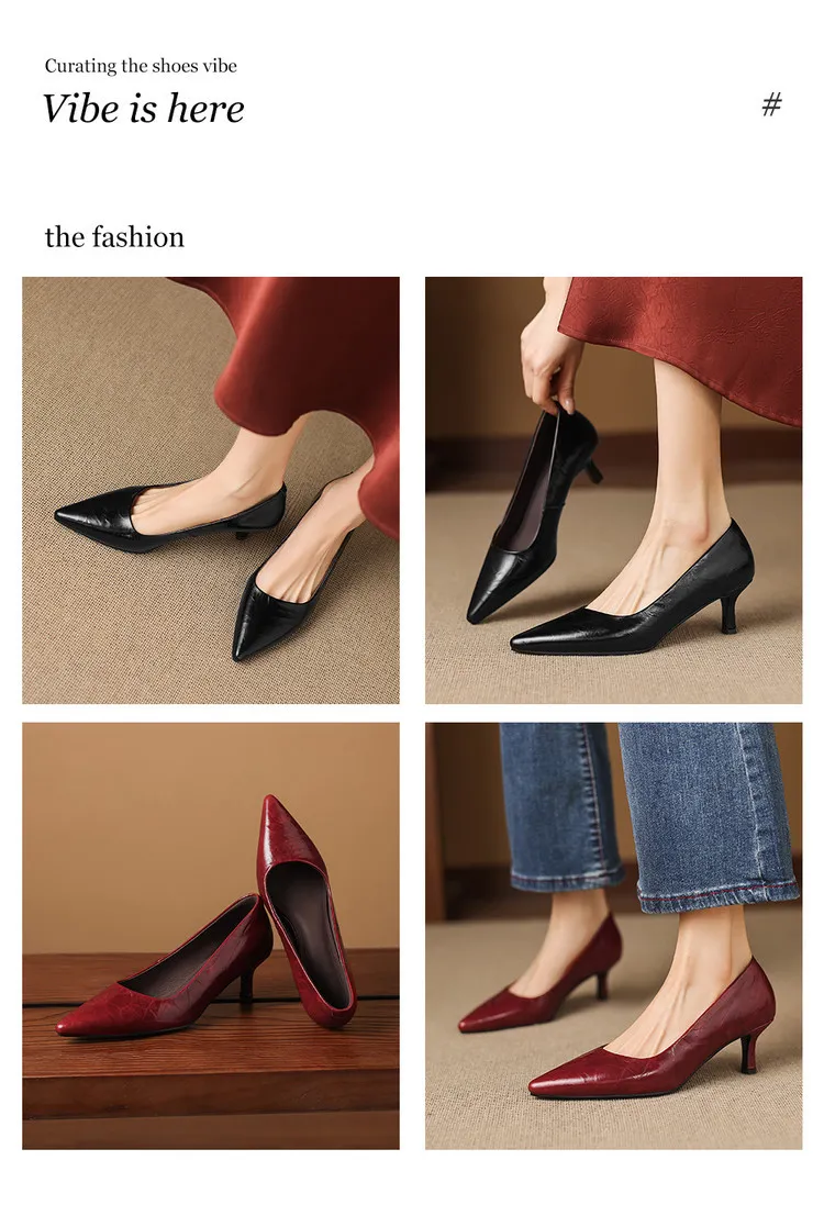 Early Spring Single Shoes Pointed Toe Low Mouth Stiletto Heel High Heel Cowhide Fashion Women's Shoes 3-9e