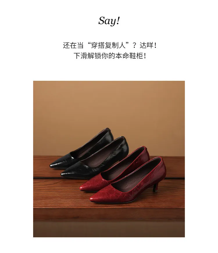 Early Spring Single Shoes Pointed Toe Low Mouth Stiletto Heel High Heel Cowhide Fashion Women's Shoes 3-9e
