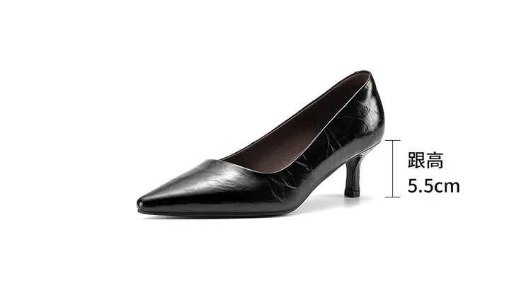 Early Spring Single Shoes Pointed Toe Low Mouth Stiletto Heel High Heel Cowhide Fashion Women's Shoes 3-9e