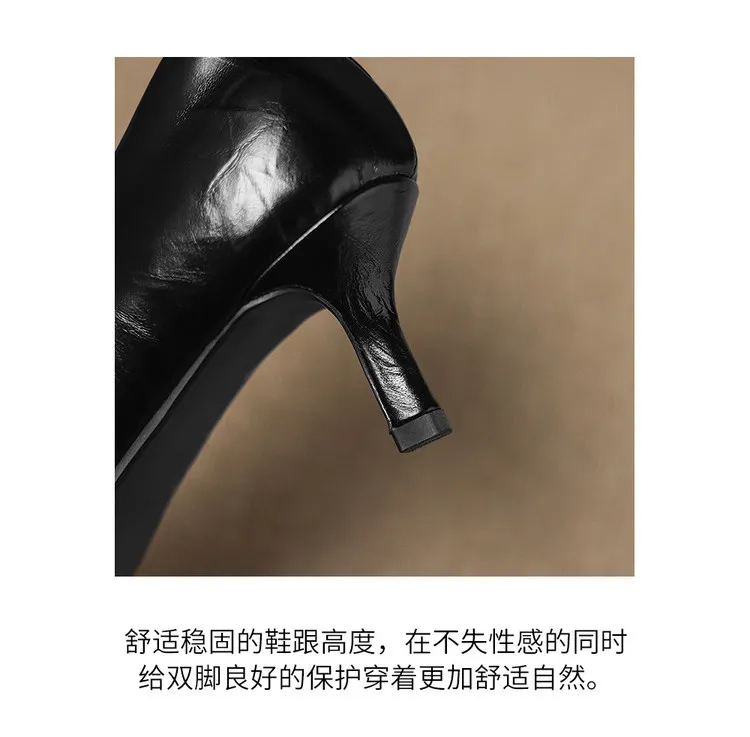 Early Spring Single Shoes Pointed Toe Low Mouth Stiletto Heel High Heel Cowhide Fashion Women's Shoes 3-9e