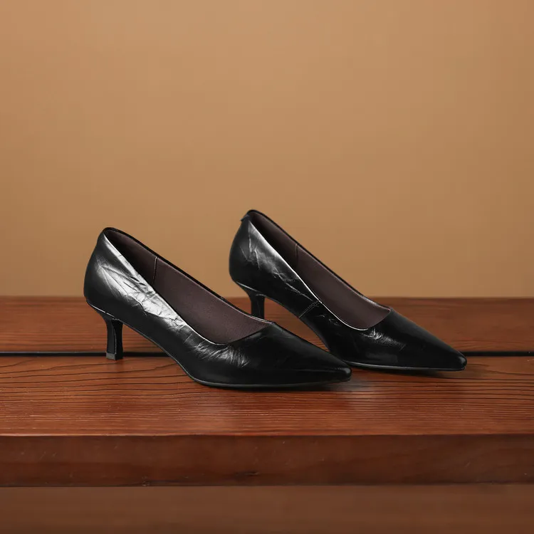 Early Spring Single Shoes Pointed Toe Low Mouth Stiletto Heel High Heel Cowhide Fashion Women's Shoes 3-9e
