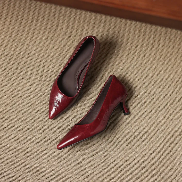 Early Spring Single Shoes Pointed Toe Low Mouth Stiletto Heel High Heel Cowhide Fashion Women's Shoes 3-9e