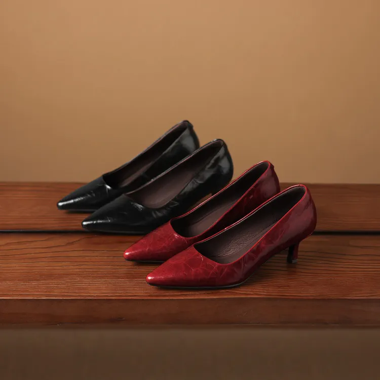 Early Spring Single Shoes Pointed Toe Low Mouth Stiletto Heel High Heel Cowhide Fashion Women's Shoes 3-9e