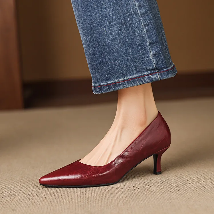 Early Spring Single Shoes Pointed Toe Low Mouth Stiletto Heel High Heel Cowhide Fashion Women's Shoes 3-9e
