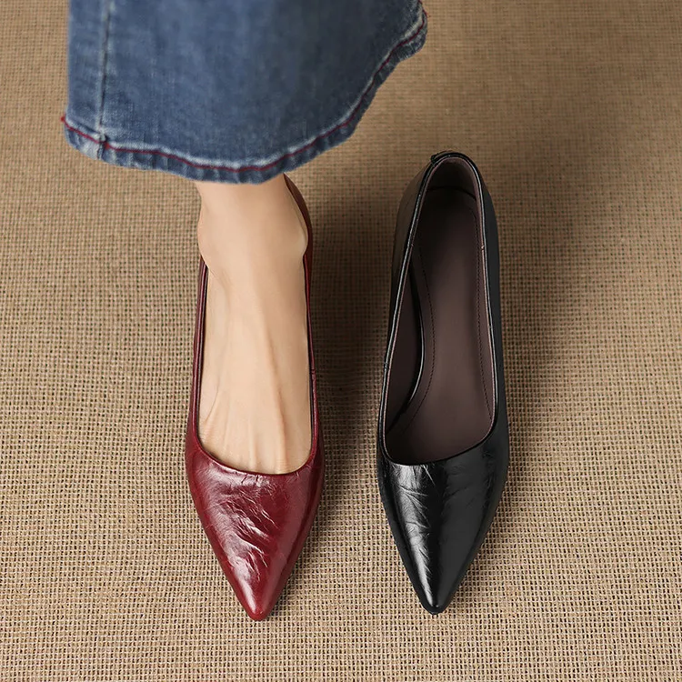 Early Spring Single Shoes Pointed Toe Low Mouth Stiletto Heel High Heel Cowhide Fashion Women's Shoes 3-9e