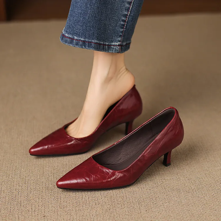 Early Spring Single Shoes Pointed Toe Low Mouth Stiletto Heel High Heel Cowhide Fashion Women's Shoes 3-9e