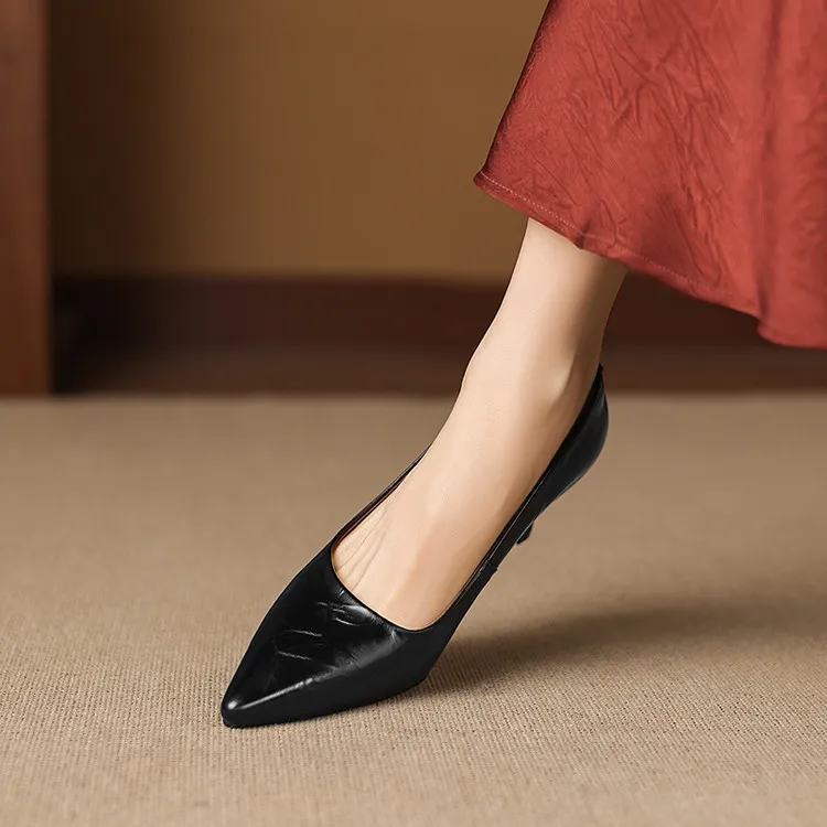 Early Spring Single Shoes Pointed Toe Low Mouth Stiletto Heel High Heel Cowhide Fashion Women's Shoes 3-9e
