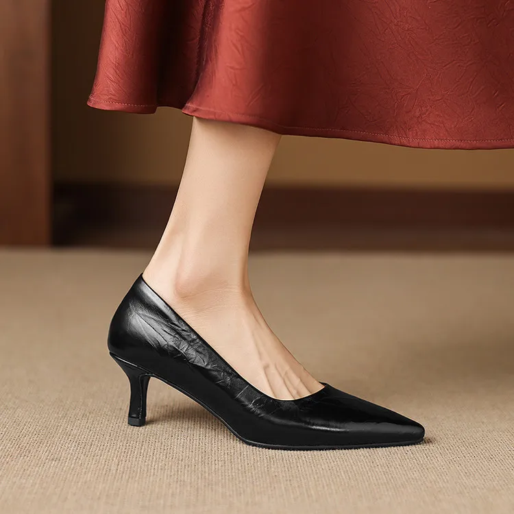 Early Spring Single Shoes Pointed Toe Low Mouth Stiletto Heel High Heel Cowhide Fashion Women's Shoes 3-9e