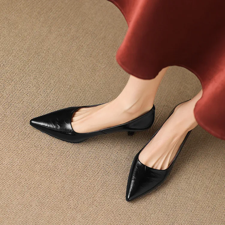 Early Spring Single Shoes Pointed Toe Low Mouth Stiletto Heel High Heel Cowhide Fashion Women's Shoes 3-9e
