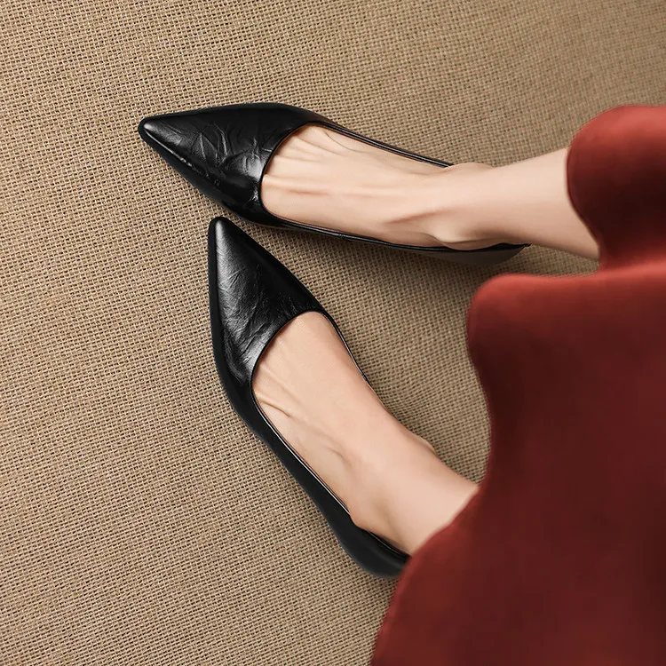 Early Spring Single Shoes Pointed Toe Low Mouth Stiletto Heel High Heel Cowhide Fashion Women's Shoes 3-9e