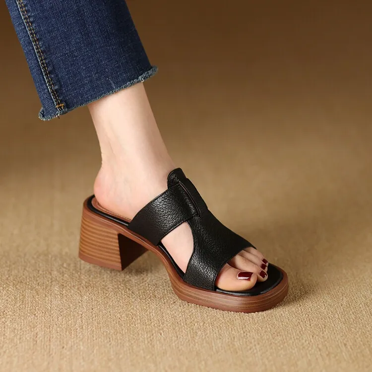 Summer chunky heel round toe waterproof platform slippers sheepskin women's shoes retro mid-heel sandals for outdoor wear