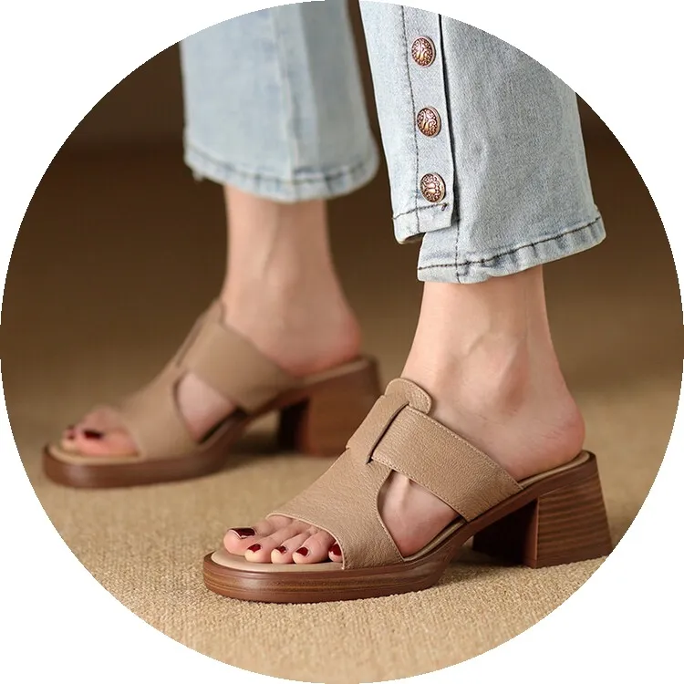 Summer chunky heel round toe waterproof platform slippers sheepskin women's shoes retro mid-heel sandals for outdoor wear