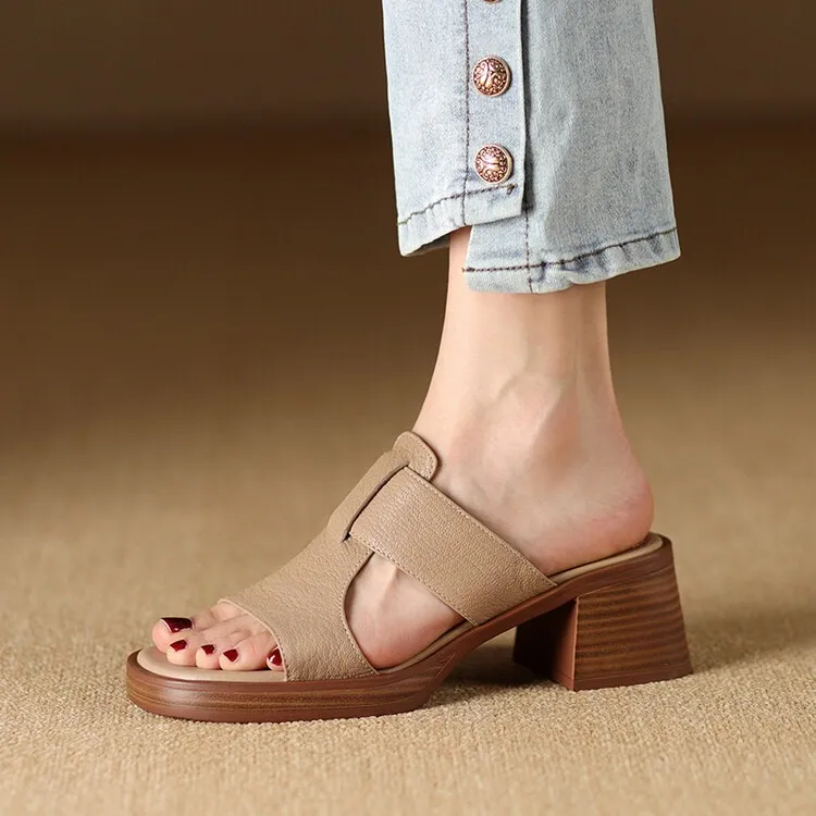 Summer chunky heel round toe waterproof platform slippers sheepskin women's shoes retro mid-heel sandals for outdoor wear