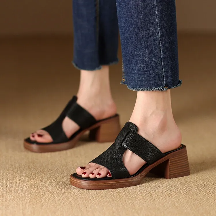 Summer chunky heel round toe waterproof platform slippers sheepskin women's shoes retro mid-heel sandals for outdoor wear
