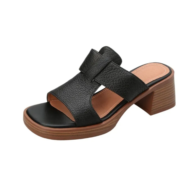 Summer chunky heel round toe waterproof platform slippers sheepskin women's shoes retro mid-heel sandals for outdoor wear