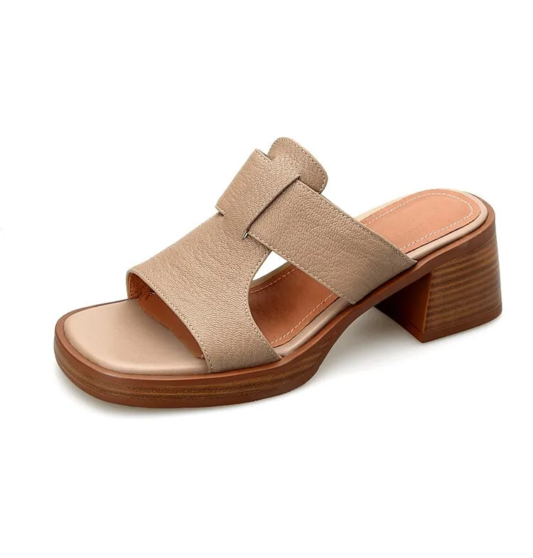 Summer chunky heel round toe waterproof platform slippers sheepskin women's shoes retro mid-heel sandals for outdoor wear