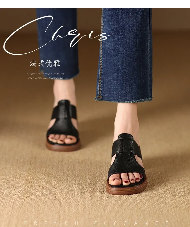 Summer chunky heel round toe waterproof platform slippers sheepskin women's shoes retro mid-heel sandals for outdoor wear