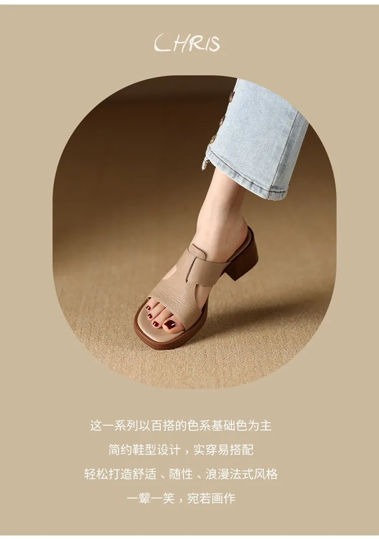 Summer chunky heel round toe waterproof platform slippers sheepskin women's shoes retro mid-heel sandals for outdoor wear