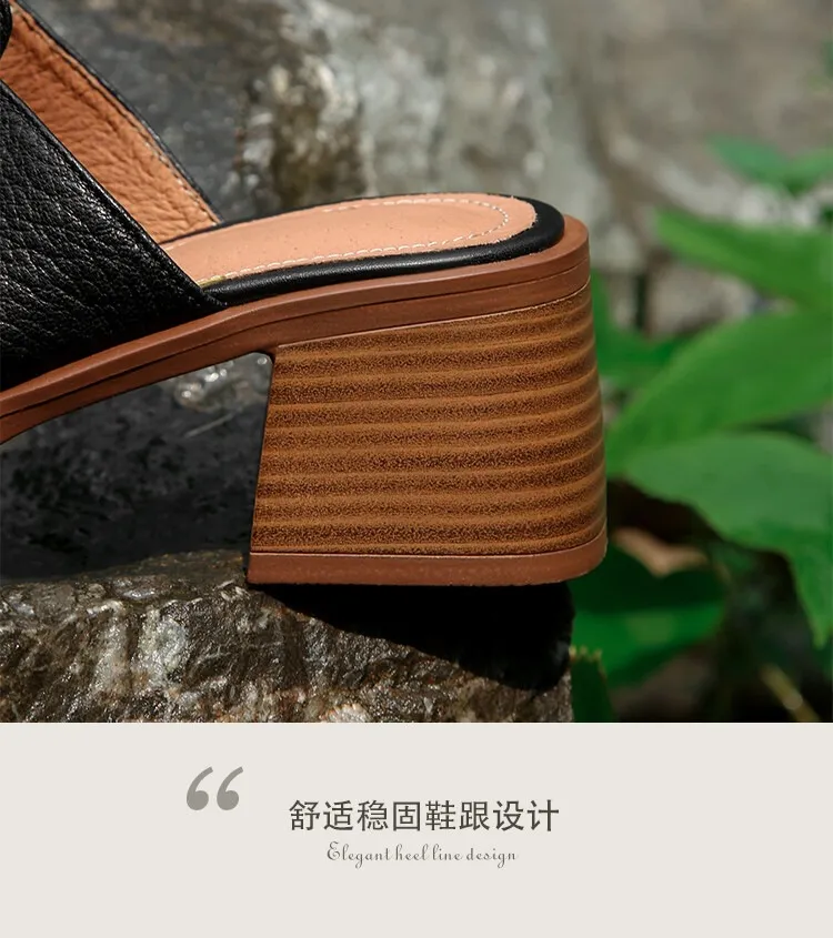 Summer chunky heel round toe waterproof platform slippers sheepskin women's shoes retro mid-heel sandals for outdoor wear