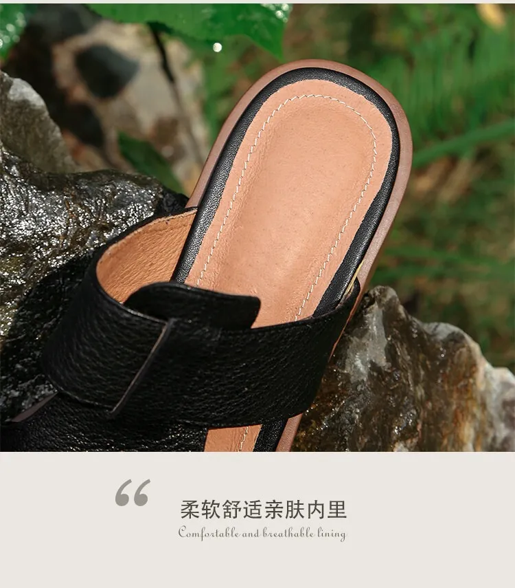 Summer chunky heel round toe waterproof platform slippers sheepskin women's shoes retro mid-heel sandals for outdoor wear