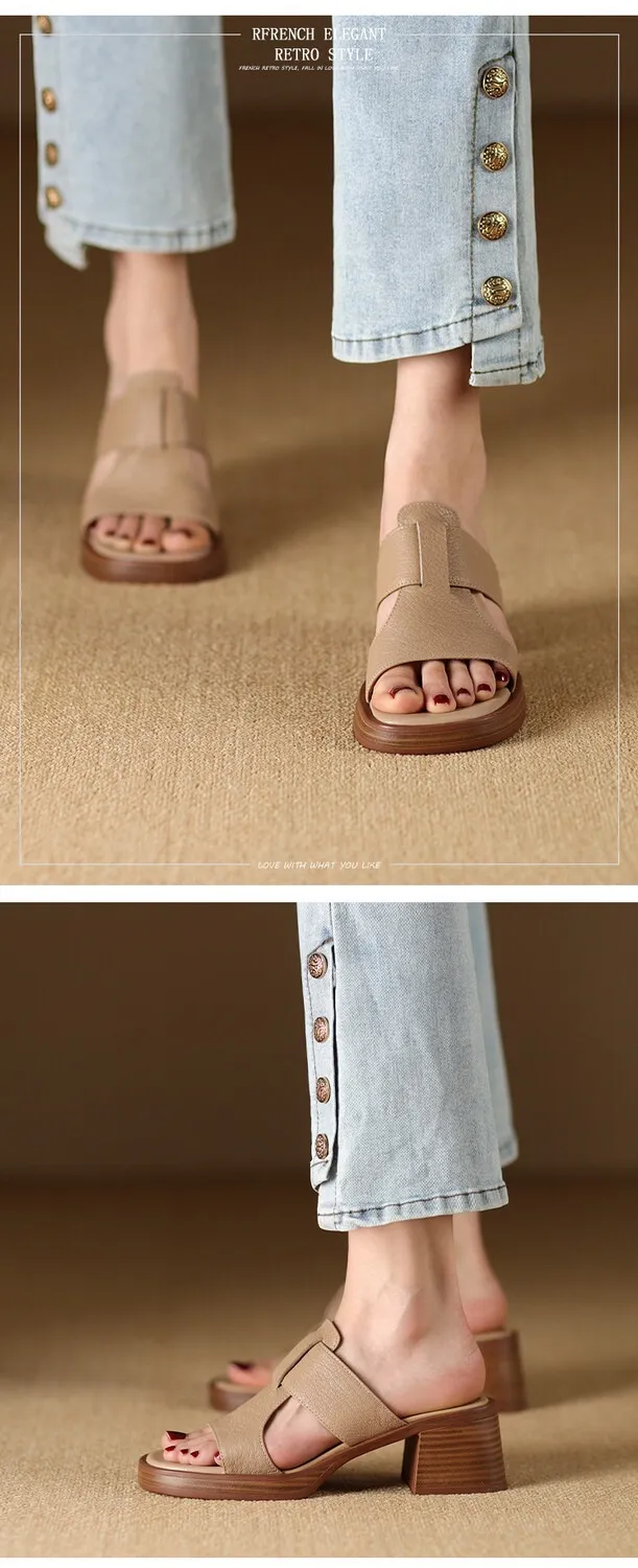 Summer chunky heel round toe waterproof platform slippers sheepskin women's shoes retro mid-heel sandals for outdoor wear