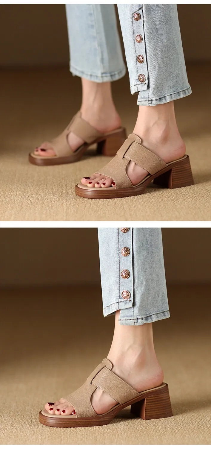 Summer chunky heel round toe waterproof platform slippers sheepskin women's shoes retro mid-heel sandals for outdoor wear