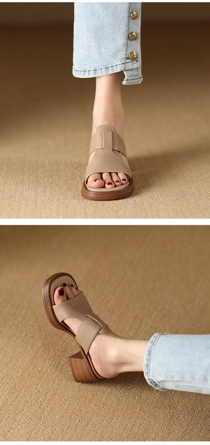 Summer chunky heel round toe waterproof platform slippers sheepskin women's shoes retro mid-heel sandals for outdoor wear