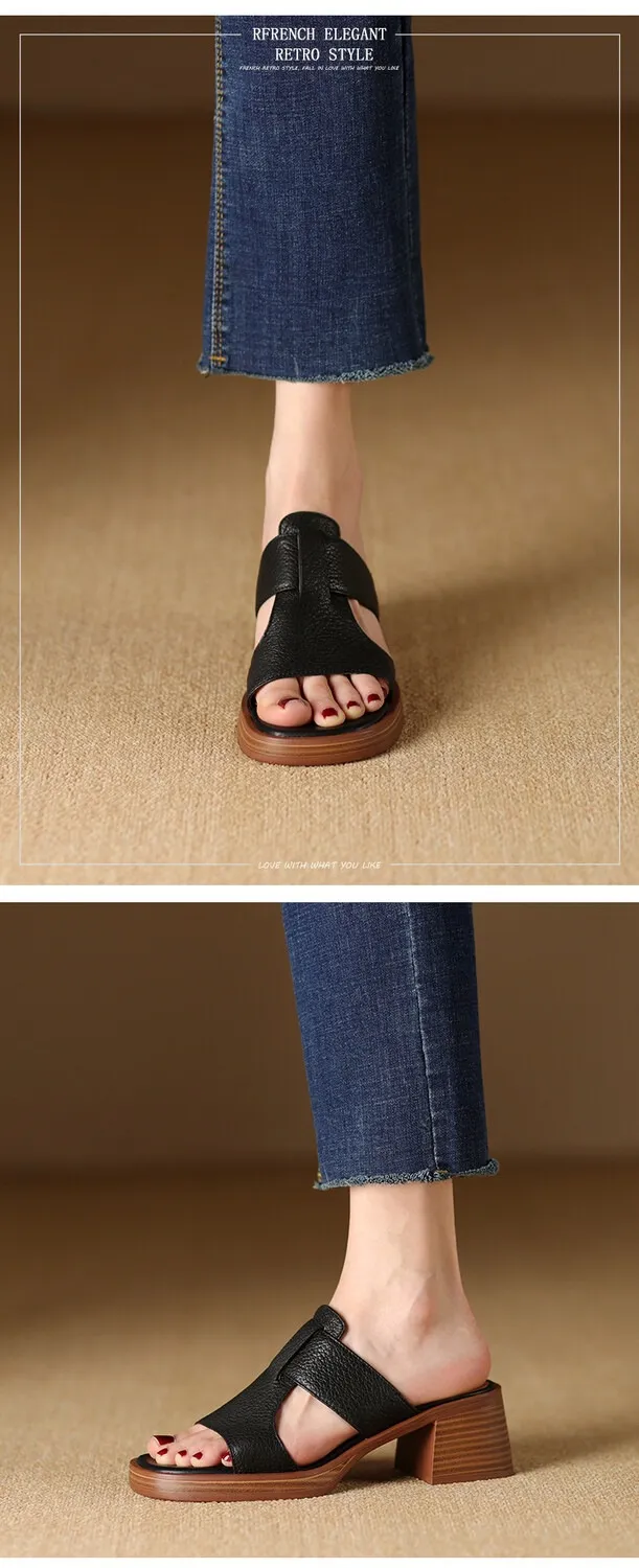 Summer chunky heel round toe waterproof platform slippers sheepskin women's shoes retro mid-heel sandals for outdoor wear