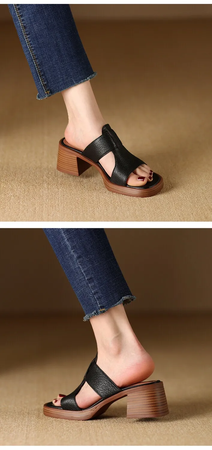 Summer chunky heel round toe waterproof platform slippers sheepskin women's shoes retro mid-heel sandals for outdoor wear