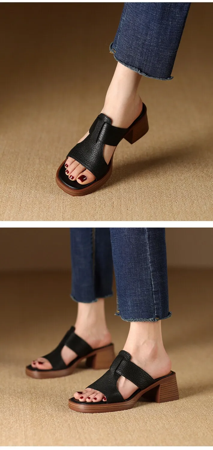 Summer chunky heel round toe waterproof platform slippers sheepskin women's shoes retro mid-heel sandals for outdoor wear
