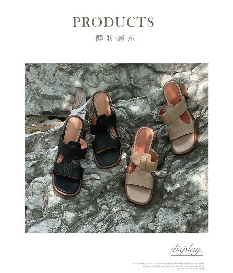 Summer chunky heel round toe waterproof platform slippers sheepskin women's shoes retro mid-heel sandals for outdoor wear
