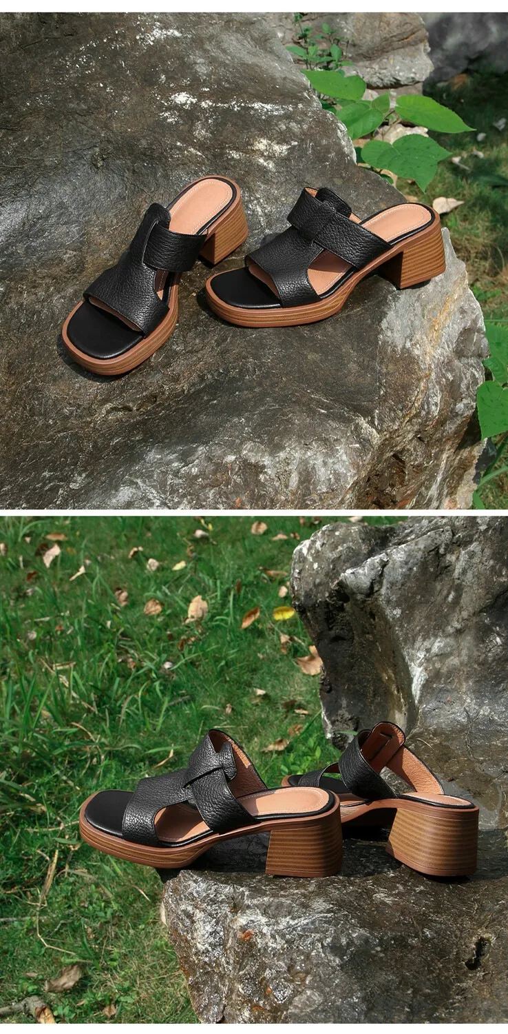 Summer chunky heel round toe waterproof platform slippers sheepskin women's shoes retro mid-heel sandals for outdoor wear