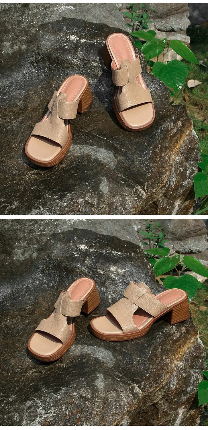 Summer chunky heel round toe waterproof platform slippers sheepskin women's shoes retro mid-heel sandals for outdoor wear
