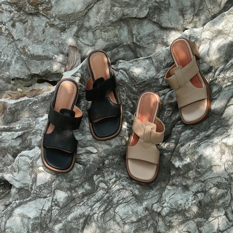 Summer chunky heel round toe waterproof platform slippers sheepskin women's shoes retro mid-heel sandals for outdoor wear