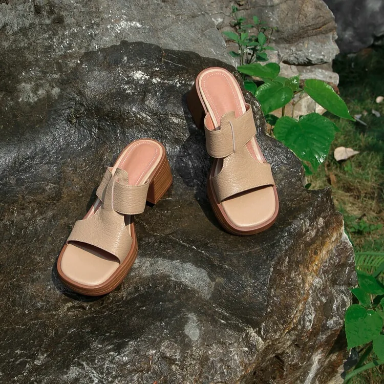 Summer chunky heel round toe waterproof platform slippers sheepskin women's shoes retro mid-heel sandals for outdoor wear