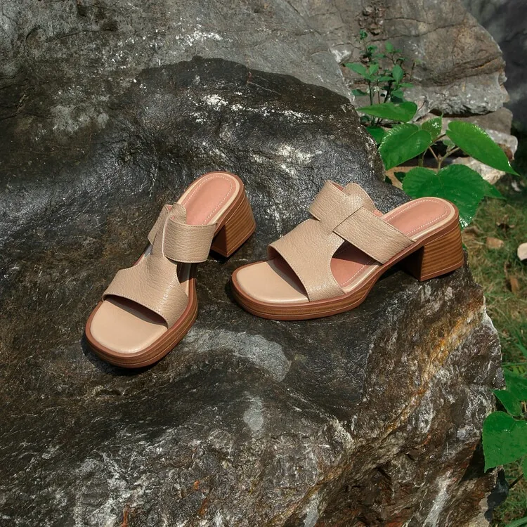 Summer chunky heel round toe waterproof platform slippers sheepskin women's shoes retro mid-heel sandals for outdoor wear