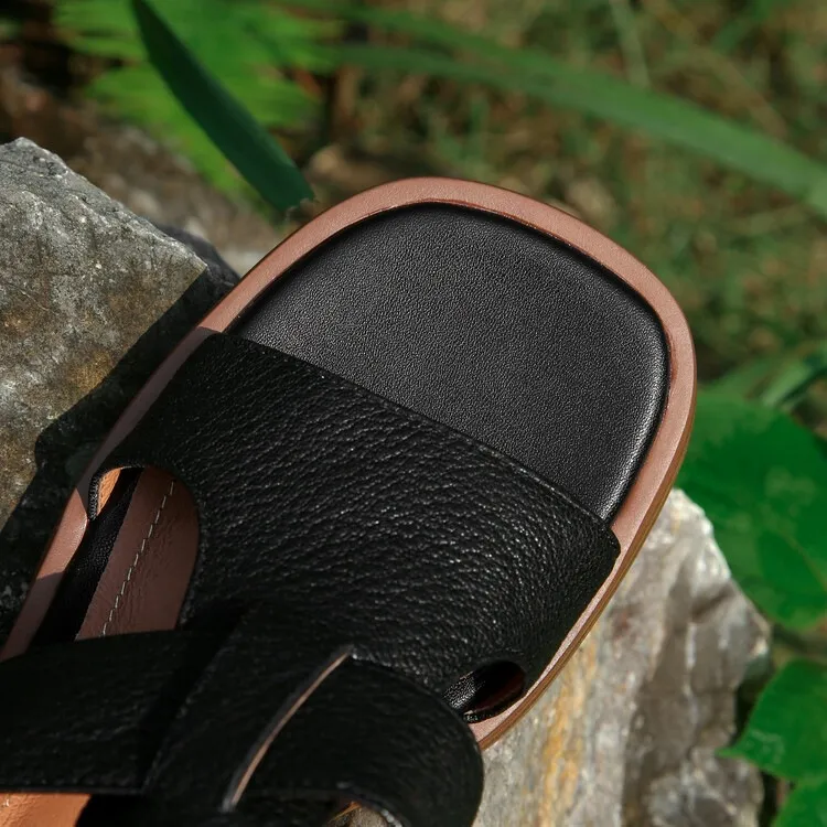 Summer chunky heel round toe waterproof platform slippers sheepskin women's shoes retro mid-heel sandals for outdoor wear