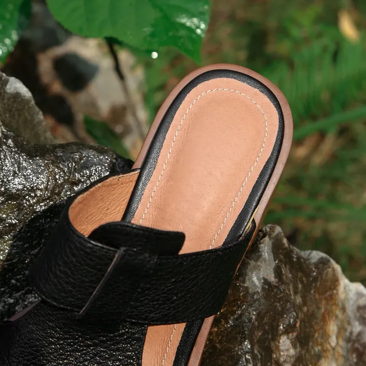 Summer chunky heel round toe waterproof platform slippers sheepskin women's shoes retro mid-heel sandals for outdoor wear