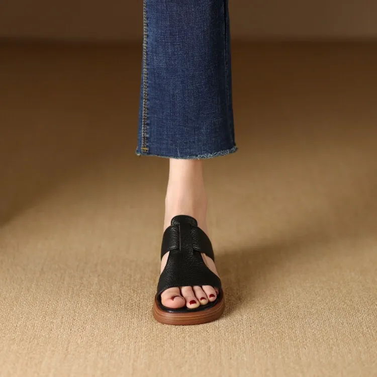 Summer chunky heel round toe waterproof platform slippers sheepskin women's shoes retro mid-heel sandals for outdoor wear