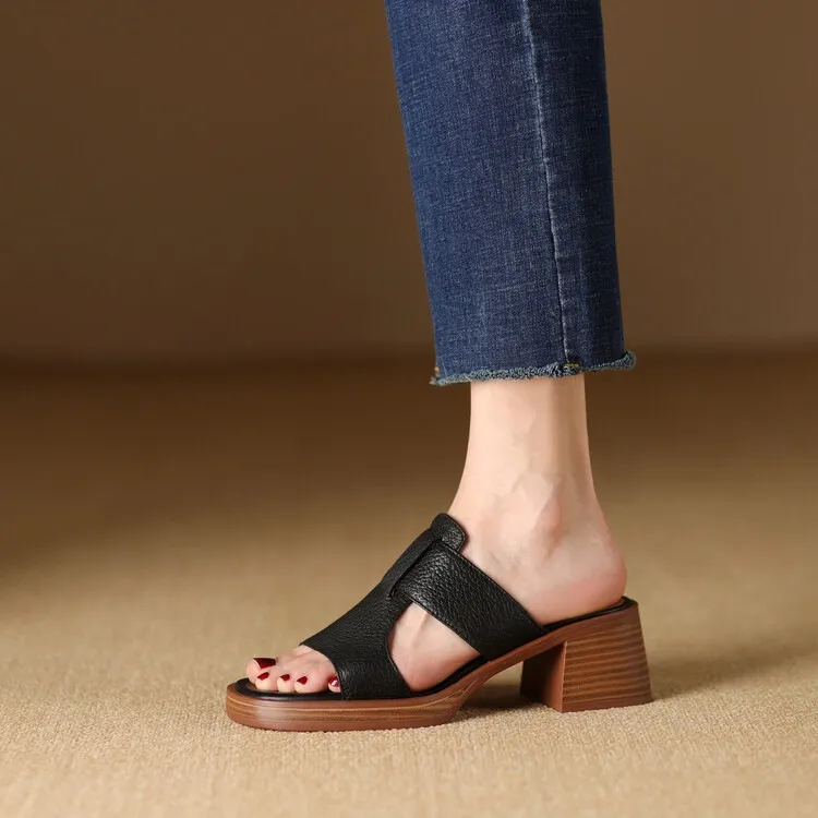 Summer chunky heel round toe waterproof platform slippers sheepskin women's shoes retro mid-heel sandals for outdoor wear