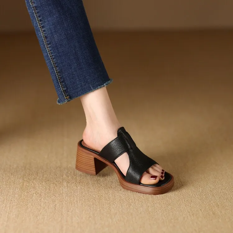 Summer chunky heel round toe waterproof platform slippers sheepskin women's shoes retro mid-heel sandals for outdoor wear