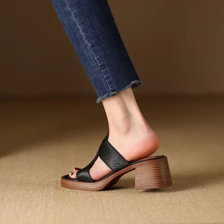Summer chunky heel round toe waterproof platform slippers sheepskin women's shoes retro mid-heel sandals for outdoor wear