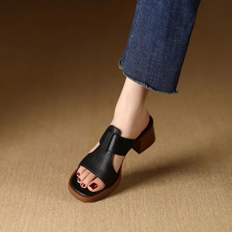 Summer chunky heel round toe waterproof platform slippers sheepskin women's shoes retro mid-heel sandals for outdoor wear