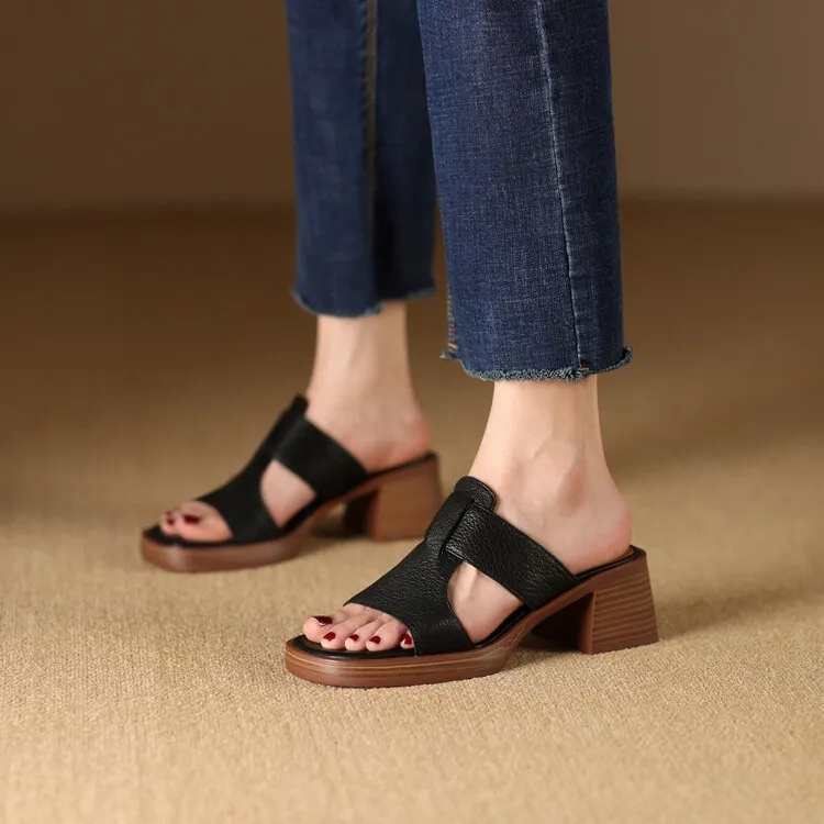Summer chunky heel round toe waterproof platform slippers sheepskin women's shoes retro mid-heel sandals for outdoor wear